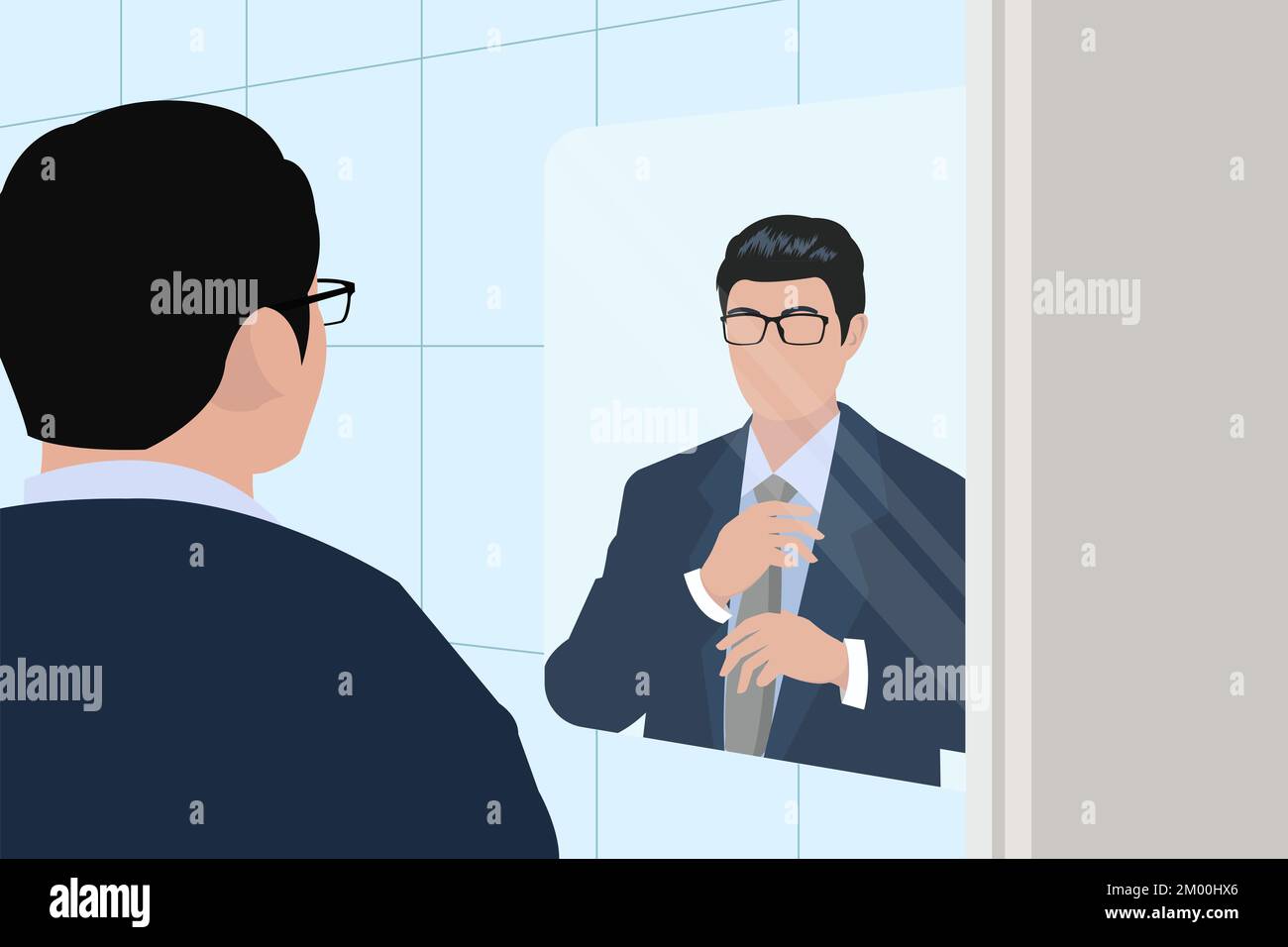 Ein junger Asiate, der die Krawatte vor dem Spiegel gerade hält Stock Vektor