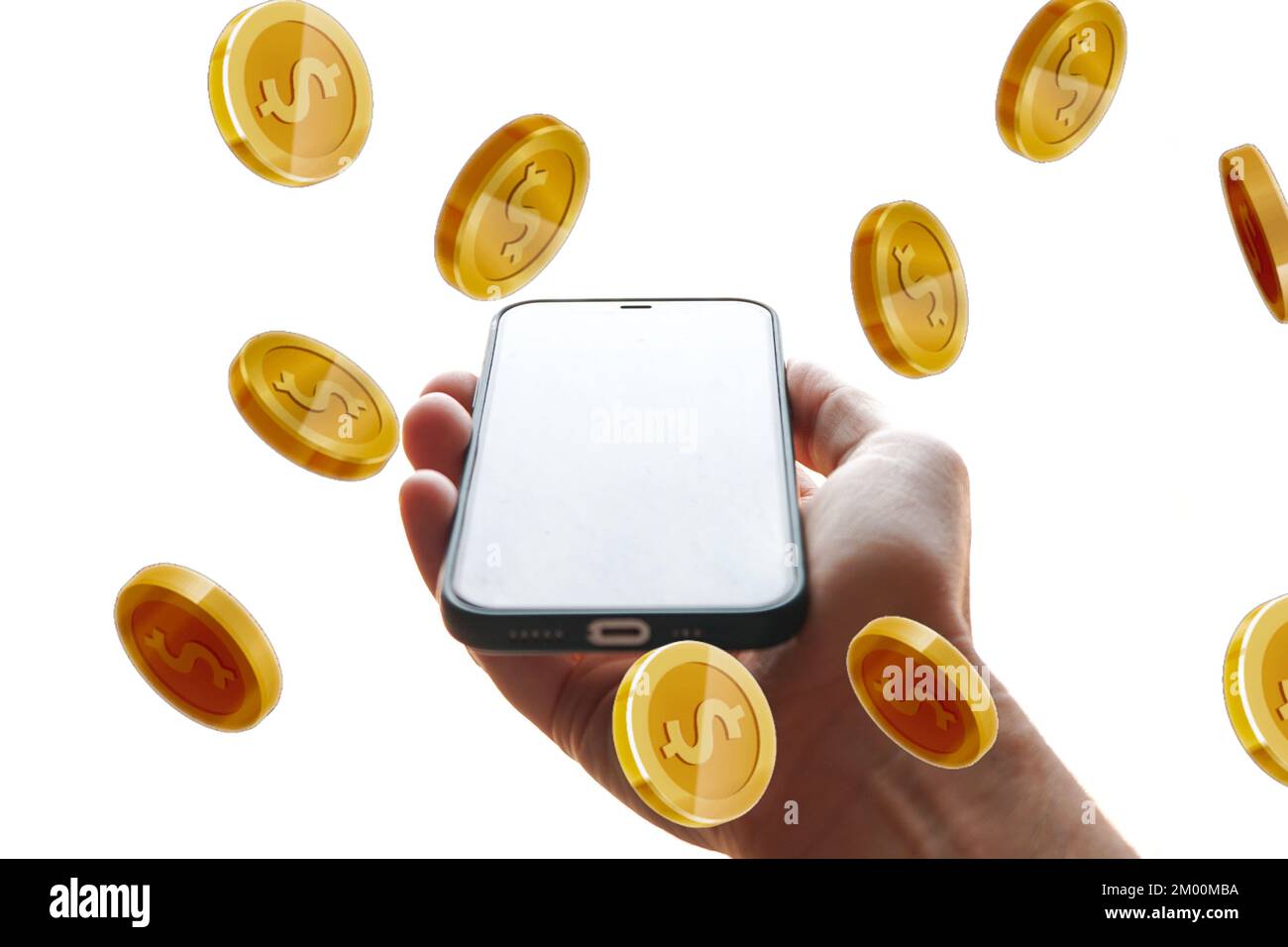 Eine Hand hält ein Handy und verdiente Geld mit Ooline-Spielen, wettet online Stockfoto