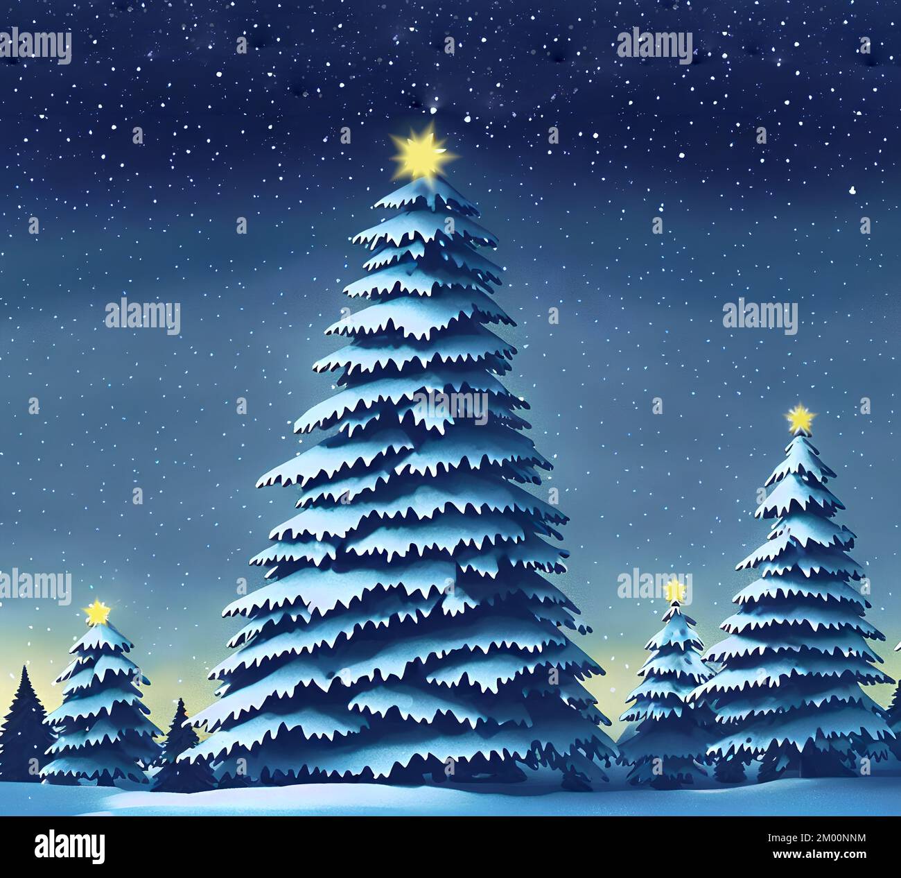 Weihnachtslandschaft - Bäume, Schnee und Sternenhimmel Stockfoto