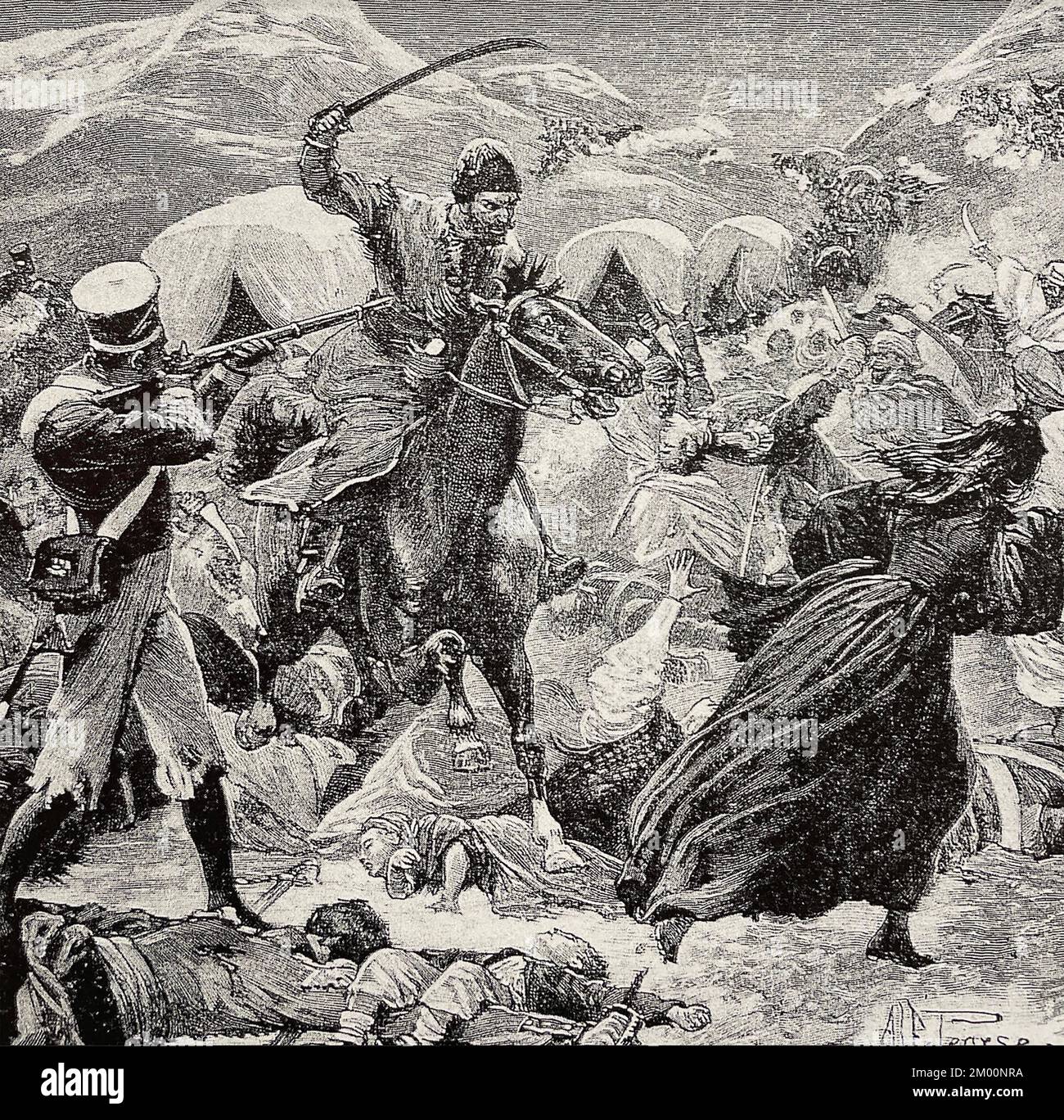 ERSTER ANGLOAFGHANISCHER KRIEG. Die afghanische Kavallerie hat während des Rückzugs aus Kabul im Jahr 1842 britische Truppen niedergeschlagen Stockfoto