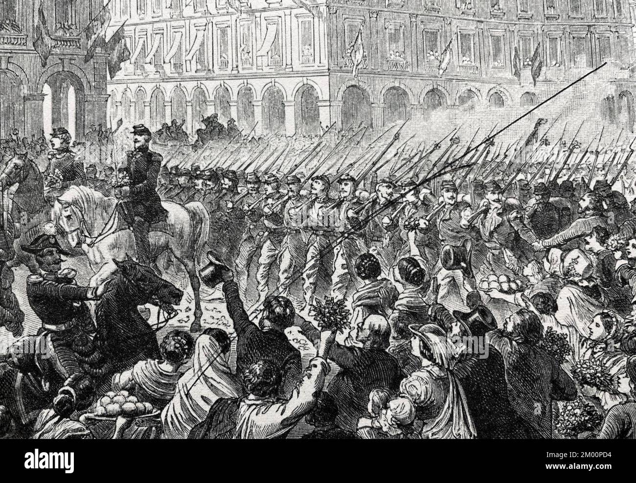 VEREINIGUNG ITALIENS. Französische Truppen treffen 1848 in Turin ein. Stockfoto