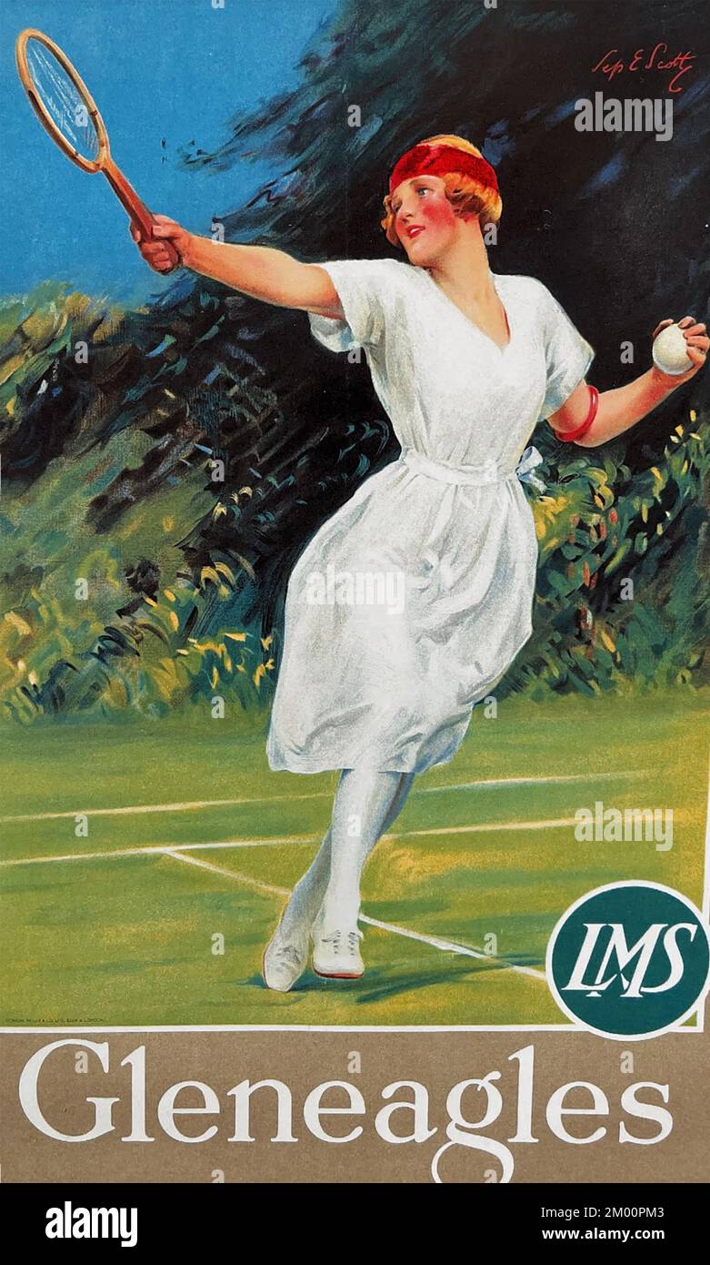 TENNISMÄDCHEN, das Tennis als P-Sport zum konkurrierenden Golf in Gleneagles in Schottland bewerbt. Ein 1925-Poster von Septimus Edwin Scott für die Eisenbahnstrecke LMS (London, Midland und Schottland). Stockfoto