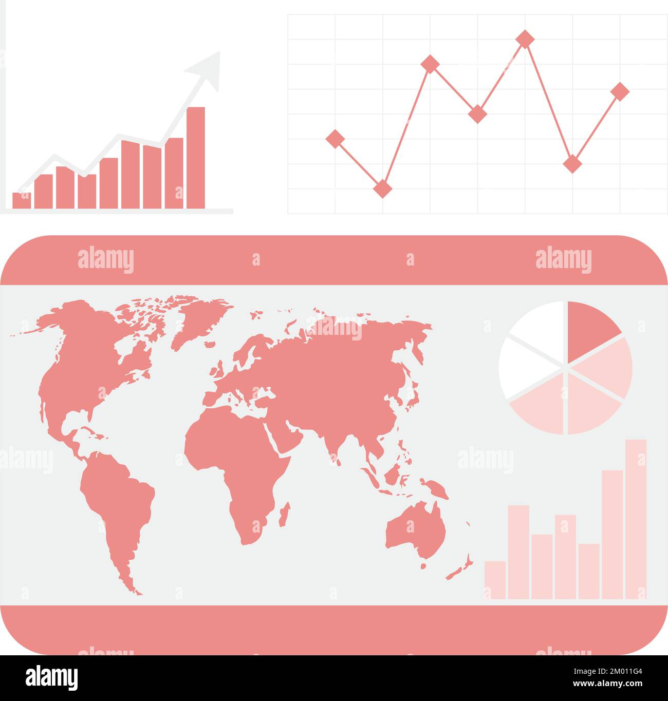 Weltstatistik, Infotabelle mit Karte und Grafiken. Vektordarstellung. Statistikdiagramm, Informationsvisualisierung, Infografik-Verbindung zu Globe, visuelle Glob Stock Vektor