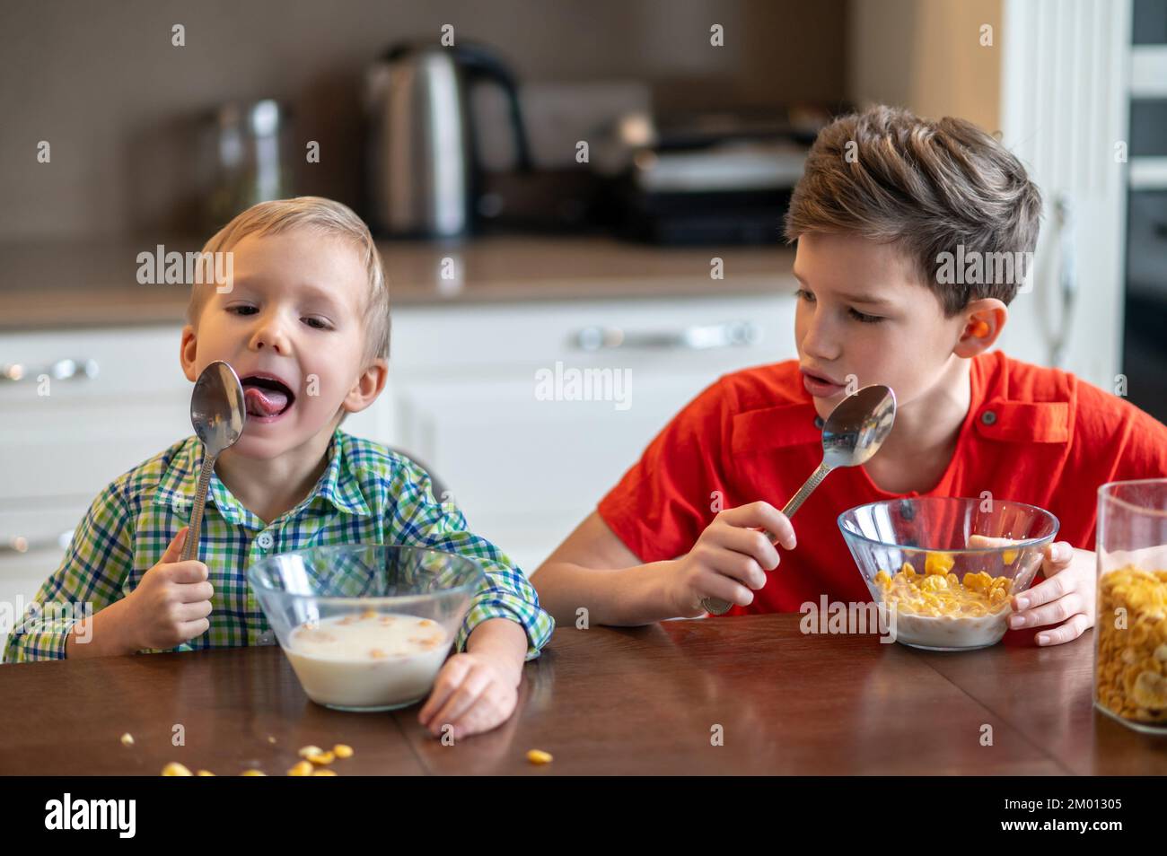 Älteres Geschwister sitzt am Küchentisch und starrt seinen jüngeren Bruder an, der den Löffel leckt. Stockfoto