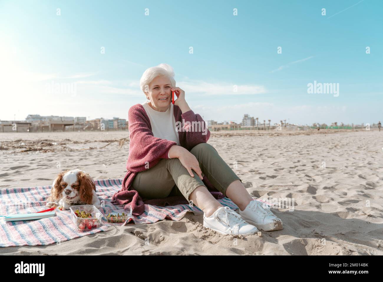 Eine nette ältere Dame, die während des Telefongesprächs neben ihrem niedlichen Haustier auf dem Sand saß. Stockfoto