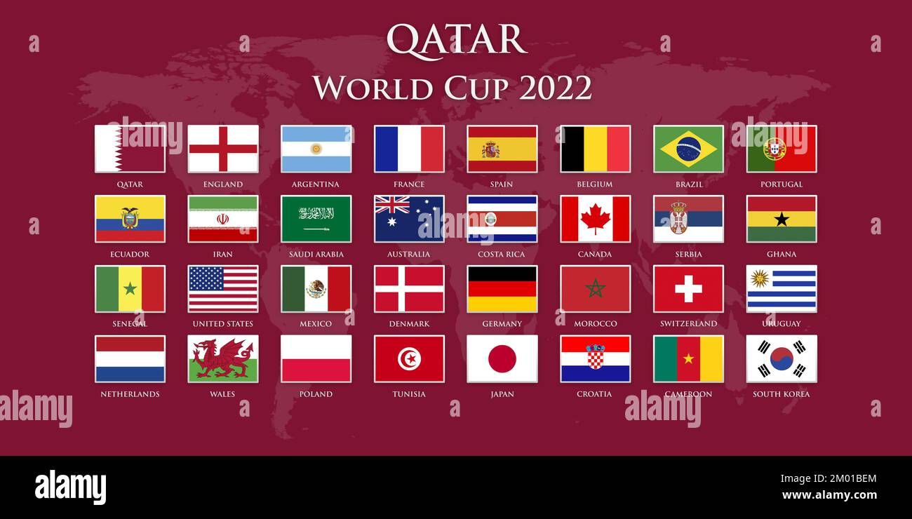 Qatar-Football-Meisterschaft. Weltmeisterschaft. Beispiele für Flaggen qualifizierter Länder. Stockfoto