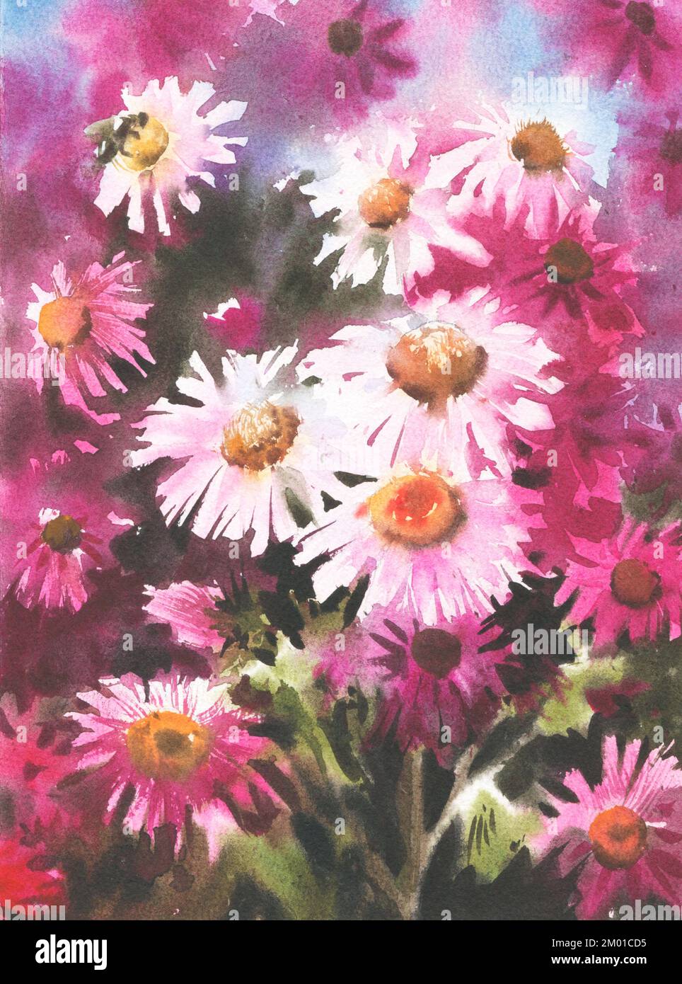 Wasserfarbener pinkfarbener Blumenhintergrund. Pinkfarbene Blumen. Grußkarte. Vorlage für Hochzeitseinladungen. Blumenkarte. Aquarelle Blumenwand Art Painti Stockfoto