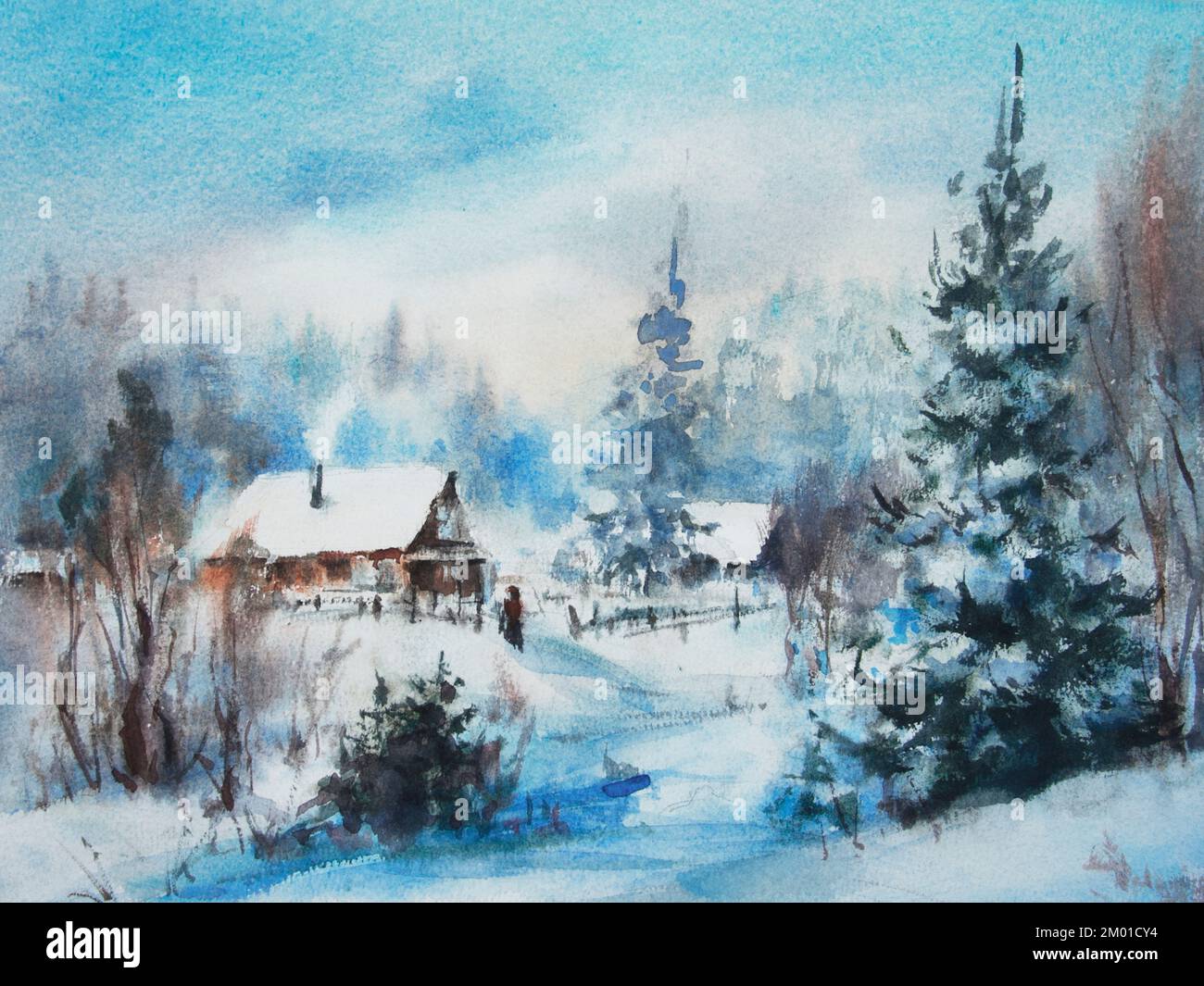 Aquarelle Winterschmuggelware. Landschaftsmalerei mit verschneitem Wald, Kiefern mit Schnee, Hütten und blauem Himmel für Druck, Crismas Stockfoto