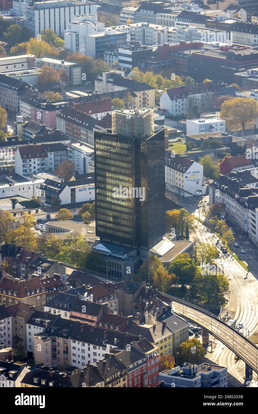 Luftaufnahme, Arbeitsagentur Wolkenkratzer, Körnerstraße, Midtown, Hagen, Ruhrgebiet, Nordrhein-Westfalen, Deutschland, Arbeitsagentur, Beschäftigung Stockfoto