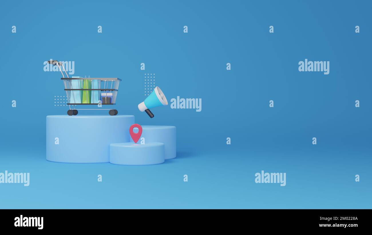 Bannerdesign für Sonderangebote mit 3D-Rendering-Warenkorb Stockfoto