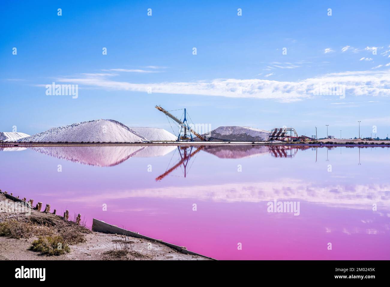 Die Salzproduktion, die rosafarbene Lagune und die Hügel im Mittelmeer befinden sich in Aigues-Mortes. Camargue, Frankreich. Fotos in hoher Qualität Stockfoto