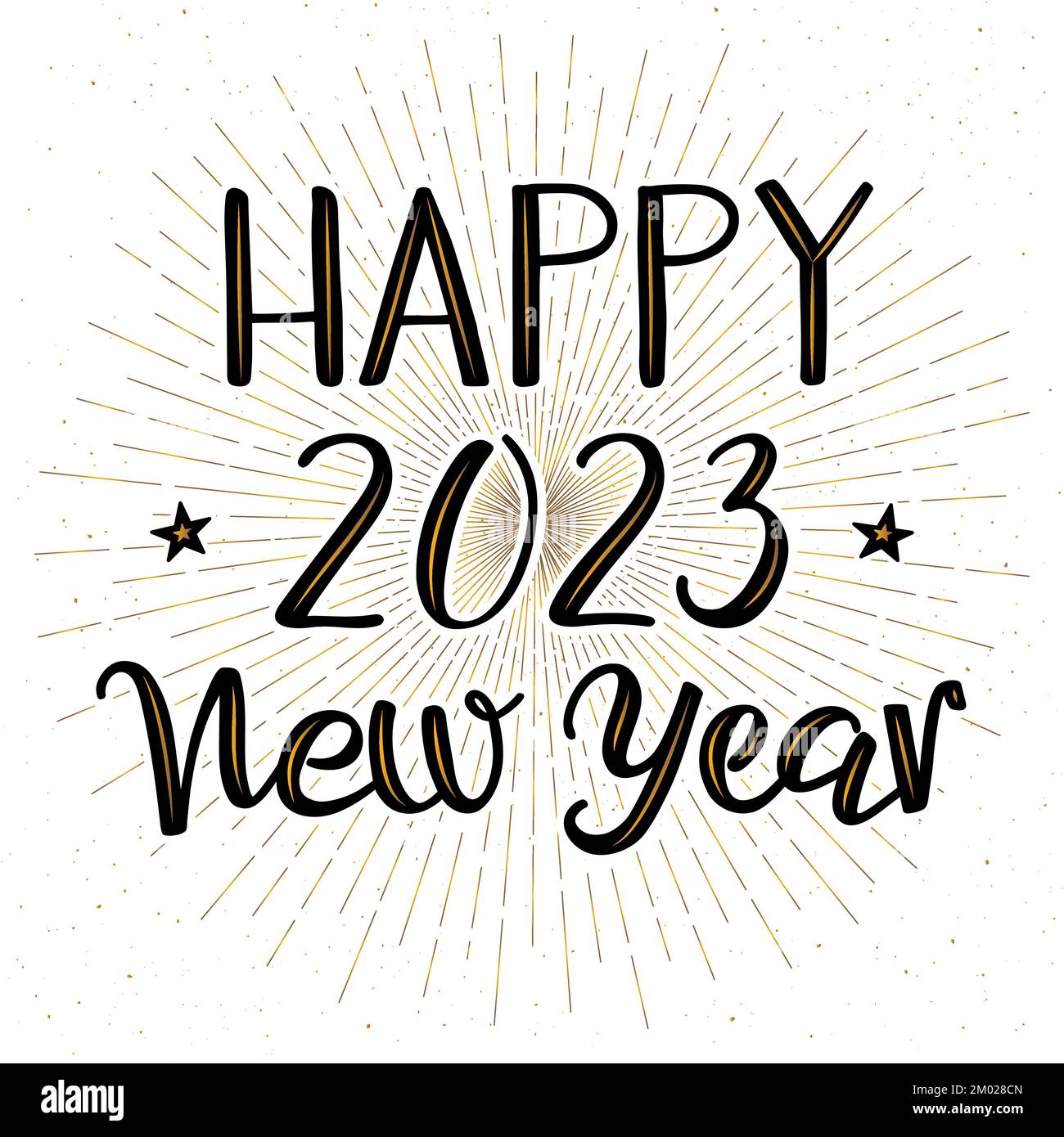 Frohe Neujahrskarte 2023. Handgeschriebene moderne Pinseltinten-Kalligraphie. Goldenes Leuchten auf den Buchstaben und Feuerwerk im Hintergrund. Salutiert. Stock Vektor