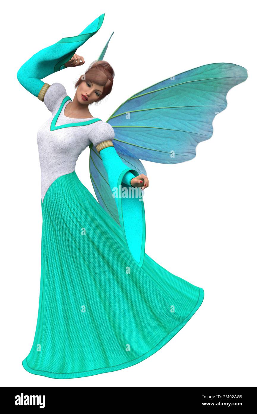 Fantasy Feen Frau in blauem, weißem Kleid mit Flügeln, 3D Illustration. Stockfoto