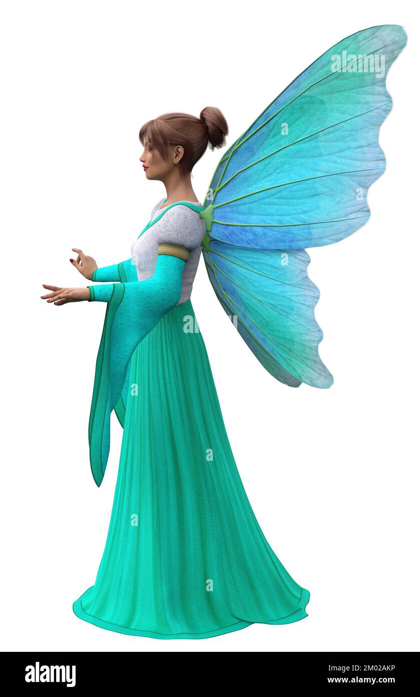 Fantasy Feen Frau in blauem, weißem Kleid mit Flügeln, 3D Illustration. Stockfoto