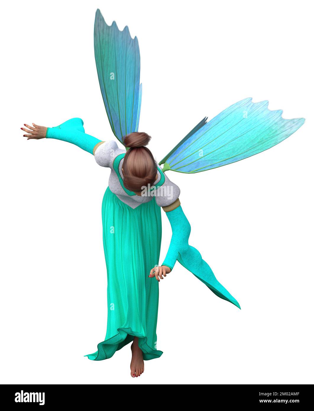 Fantasy Feen Frau in blauem, weißem Kleid mit Flügeln, 3D Illustration. Stockfoto