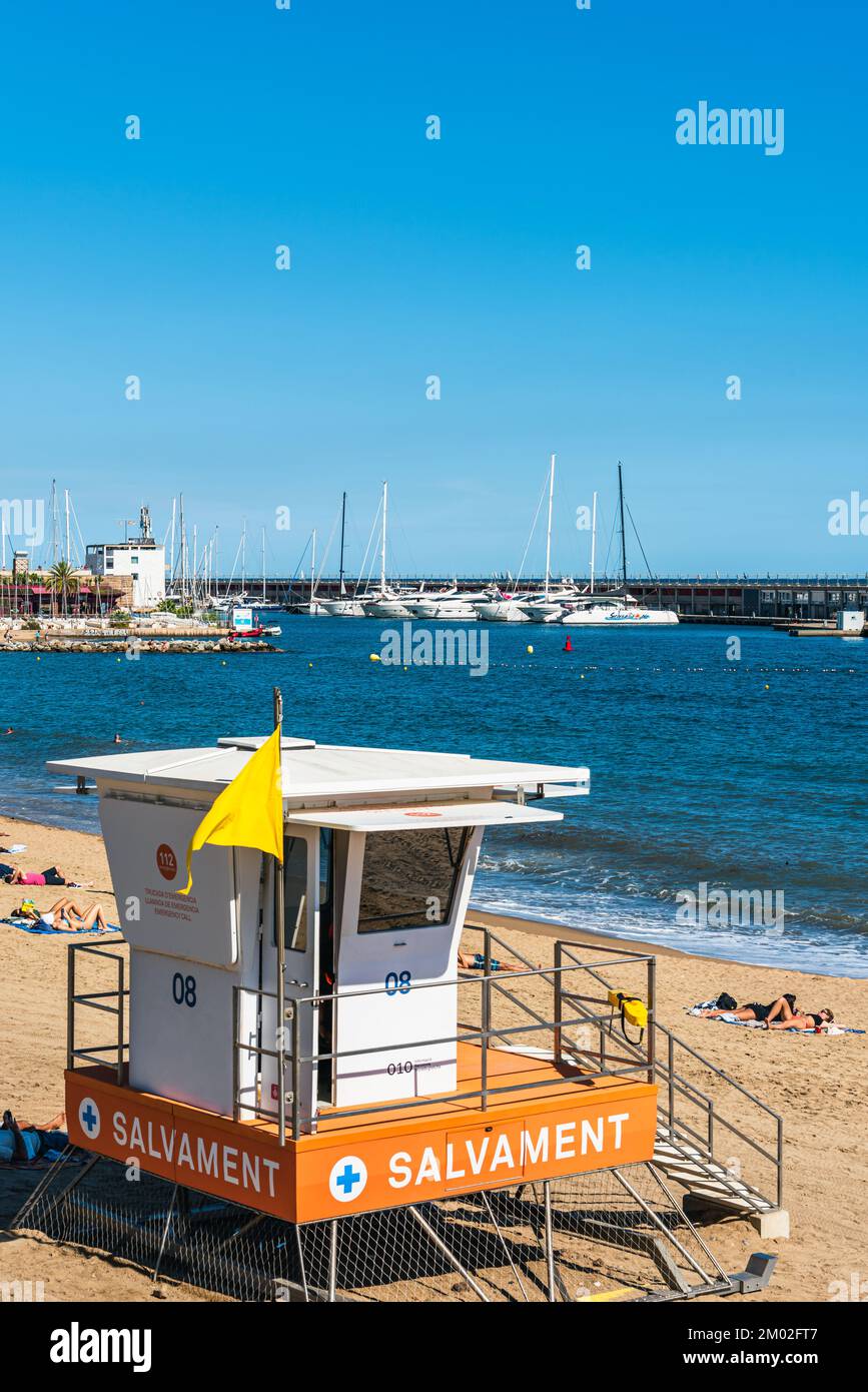 Lifeguard Booth am Urban Beach in Barcelona, Katalonien, Spanien, Europa Stockfoto