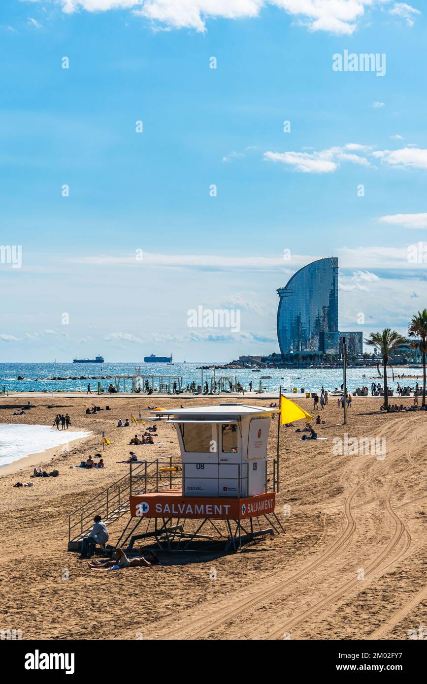 Lifeguard Booth am Urban Beach in Barcelona, Katalonien, Spanien, Europa Stockfoto