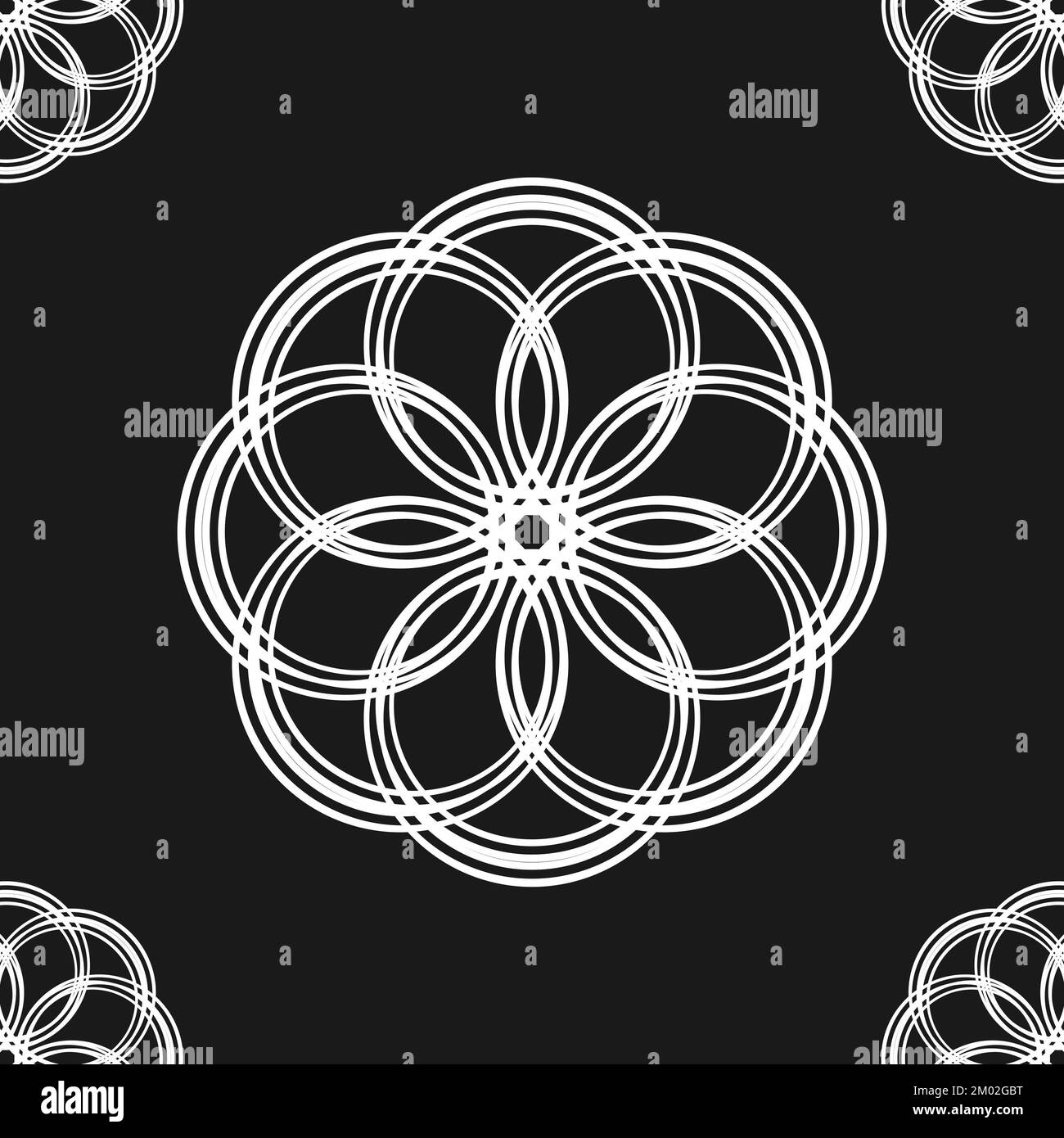 Abbildung: Kreismuster auf schwarzem Hintergrund. Unfarbige stilisierte Blume. Schwarz-Weiß-Mandala. Stockfoto