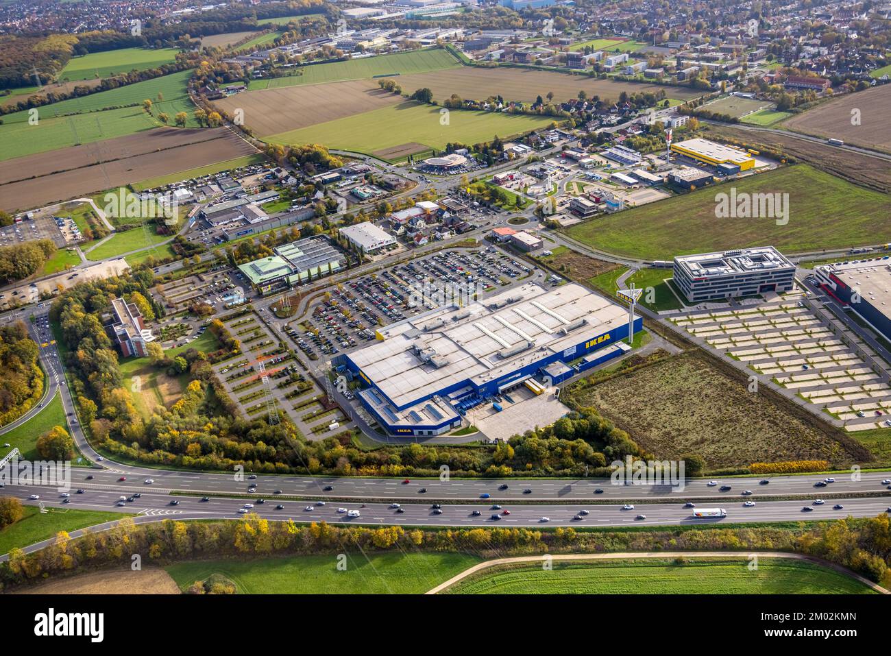 Luftaufnahme, Ikea-Einrichtungszentrum, Parkplätze, Industriepark Unna/Kamen, Südkam, Kamen, Ruhrgebiet, Nordrhein-Westfalen, Deutschland, DE, Europa Stockfoto