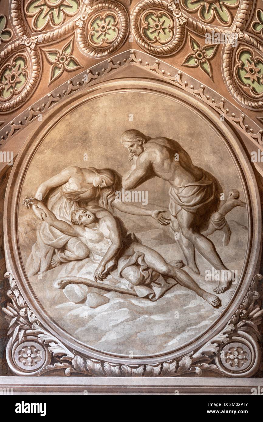 BIELLA, ITALIEN - 15. JULI 2022: Das Fresko der Tötung von Abel in der Kathedrale (Duomo) durch Giovannino Galliari (1784). Stockfoto