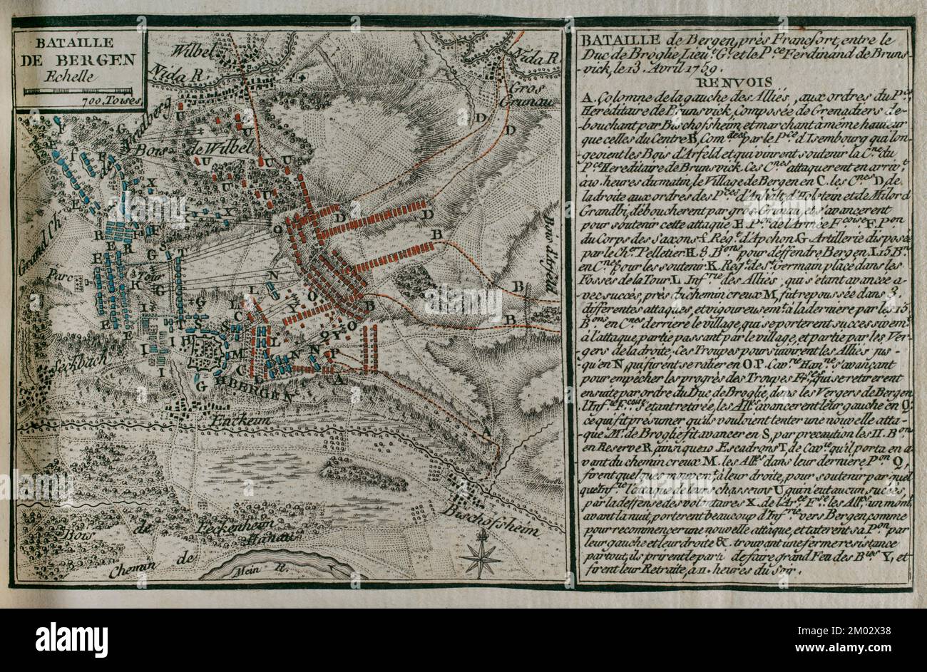 7 Jahre Krieg (1756-1763). Karte der Schlacht von Bergen (13. April 1759). Konfrontation zwischen den Hannover Truppen unter Fürst Ferdinand von Brunswick-Luneburg und der französischen Armee unter dem Kommando von Marschall de Broglie, mit französischem Sieg. Veröffentlicht im Jahr 1765 vom Kartografen Jean de Beaurain (1696-1771) als Illustration seiner Großen Karte Deutschlands mit den Ereignissen, die während des Siebenjährigen Krieges stattfanden. Alliierte Armee in Rot und französische Armee in Blau. Gravur. Französische Ausgabe, 1765. Militärhistorische Bibliothek von Barcelona (Biblioteca Histórico Militar de Barcelona). Katalonien. Spanien. Stockfoto