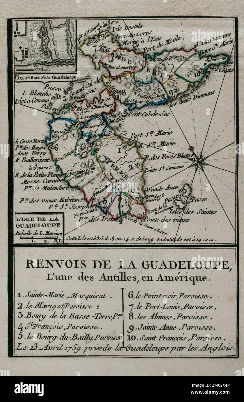 Karte von Guadeloupe, 1759. Antillen-Archipel, Karibik. Frankreich übernahm die Insel am 28. Juni 1635 nach der Landung in Pointe Allegre. Während des Siebenjährigen Krieges wurde von England erobert, der den Hafen von Pointe-a-Pitre gründete. Eroberung der Insel Guadeloupe durch die britischen Truppen am 13. April 1759. Die Gravur wurde 1765 vom Kartografen Jean de Beaurain (1696-1771) als Illustration seiner Großen Landkarte Deutschlands mit den Ereignissen während des Siebenjährigen Krieges veröffentlicht. Französische Ausgabe, 1765. Militärhistorische Bibliothek von Barcelona (Biblioteca Histórico Militar de Bar Stockfoto