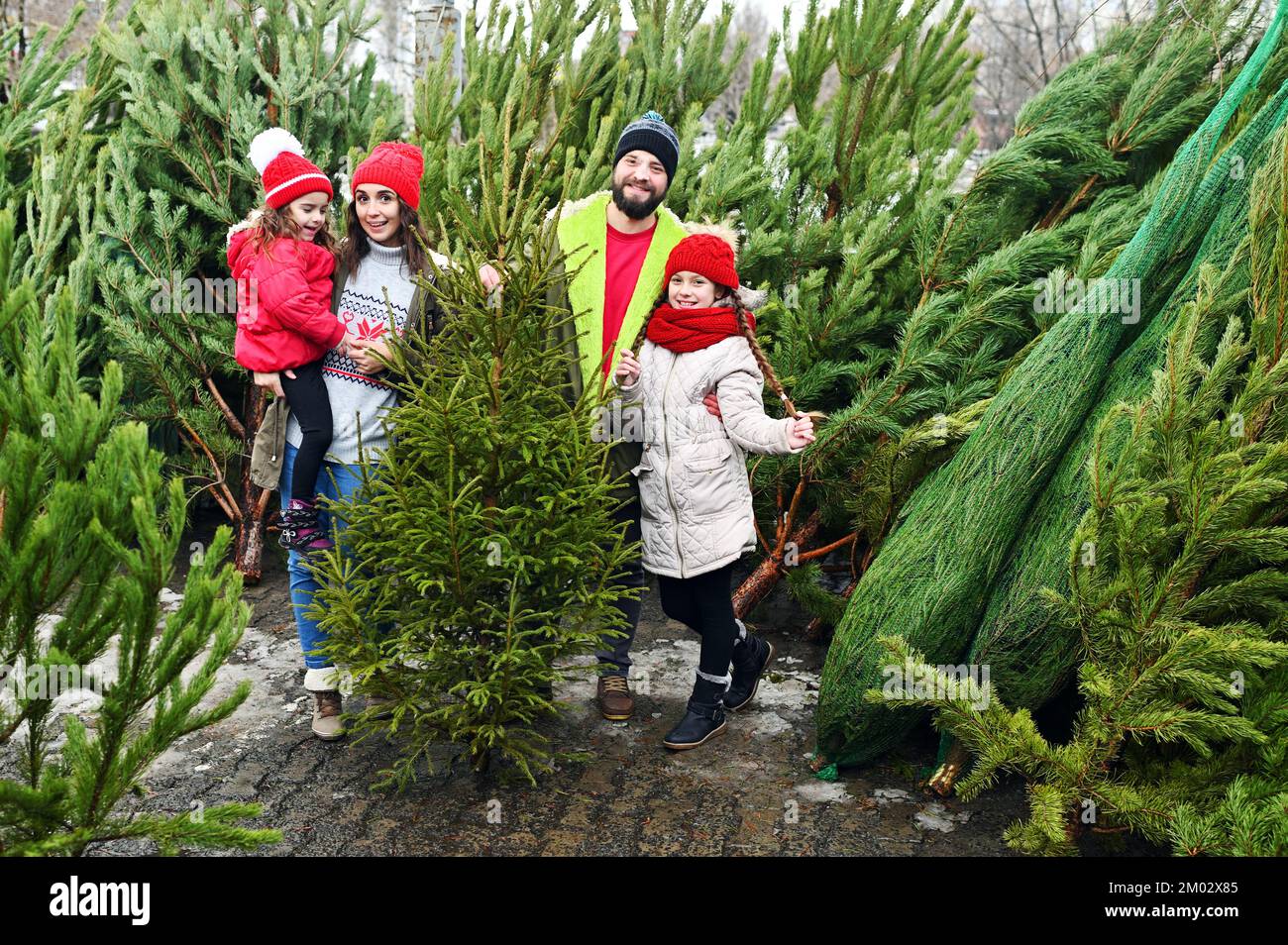 Junge Familie – Eltern und zwei Töchter lächeln vor dem Hintergrund eines Weihnachtsbaumshopfes. Vorbereitung auf Weihnachten. Stockfoto