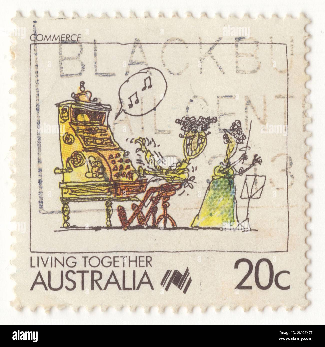 AUSTRALIEN — 1988. Februar 17: Ein mehrfarbiger Briefmarken von 20 Cent, der die Allegory Composition Commerce darstellt. Cartoons Zum Zusammenleben Stockfoto