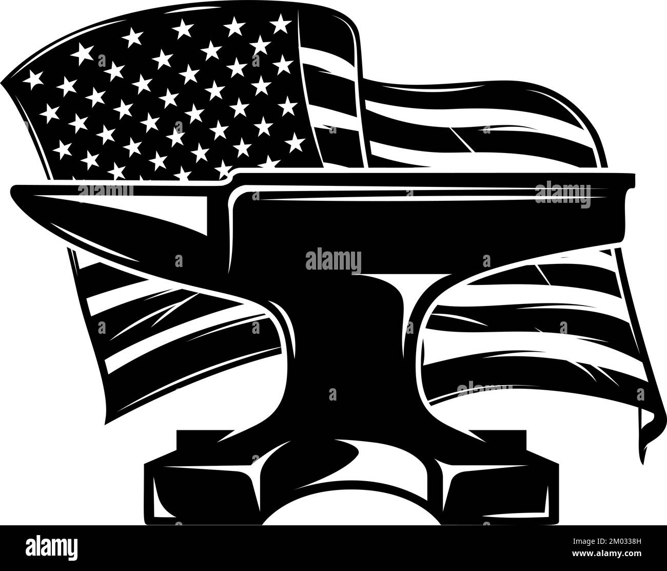 Abbildung eines Schmied-Amboss auf dem Hintergrund der amerikanischen Flagge. Designelement für Poster, Karte, Banner, Schild, Emblem. Vektordarstellung Stock Vektor