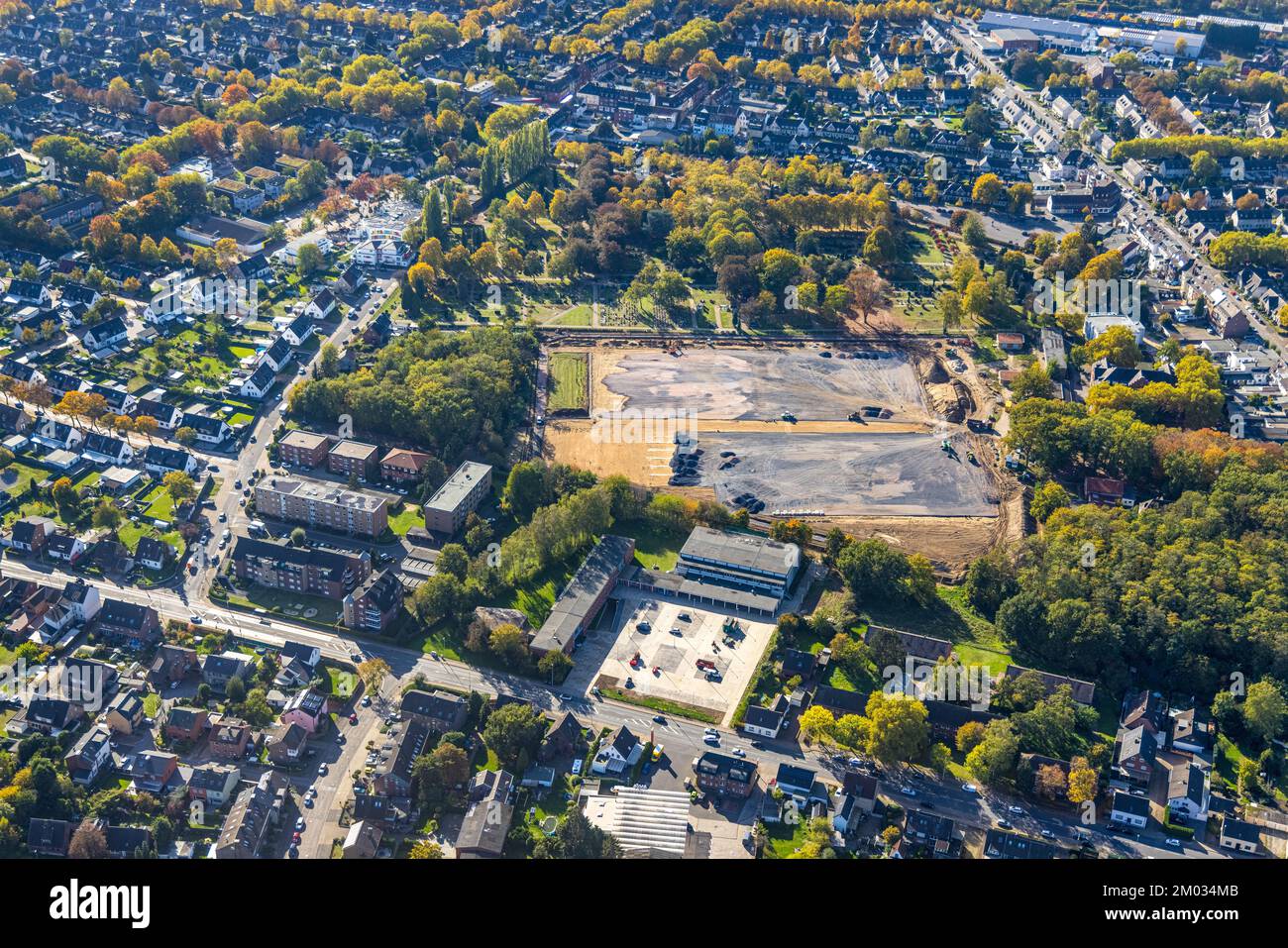 Luftaufnahme, Gebäudebereich Volkspark Neu-Meerbeck, Rheinkamp-Meerbeck, Moers, Ruhrgebiet, Nordrhein-Westfalen, Deutschland, Bauarbeiten, Bauwesen Stockfoto