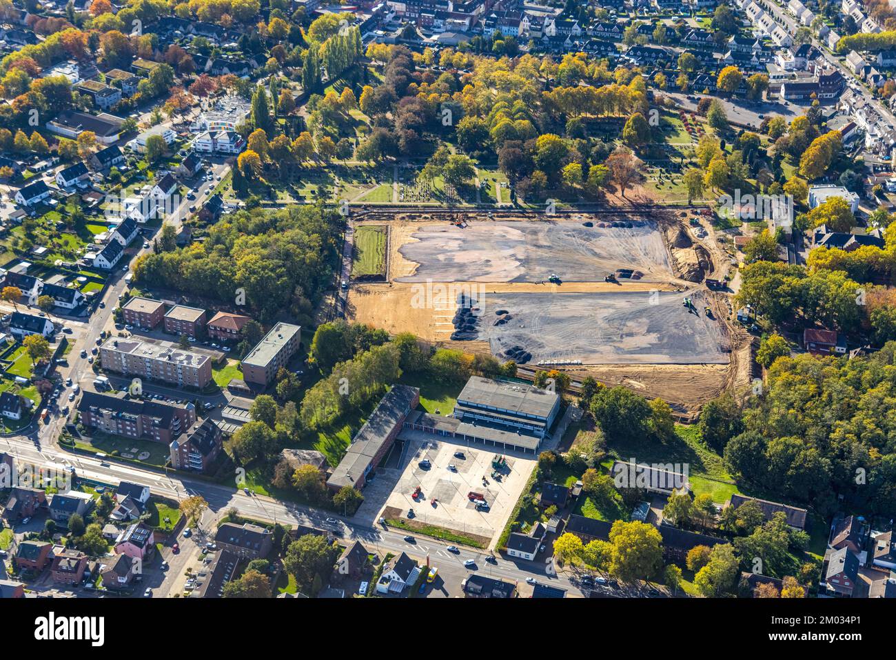 Luftaufnahme, Gebäudebereich Volkspark Neu-Meerbeck, Rheinkamp-Meerbeck, Moers, Ruhrgebiet, Nordrhein-Westfalen, Deutschland, Bauarbeiten, Bauwesen Stockfoto