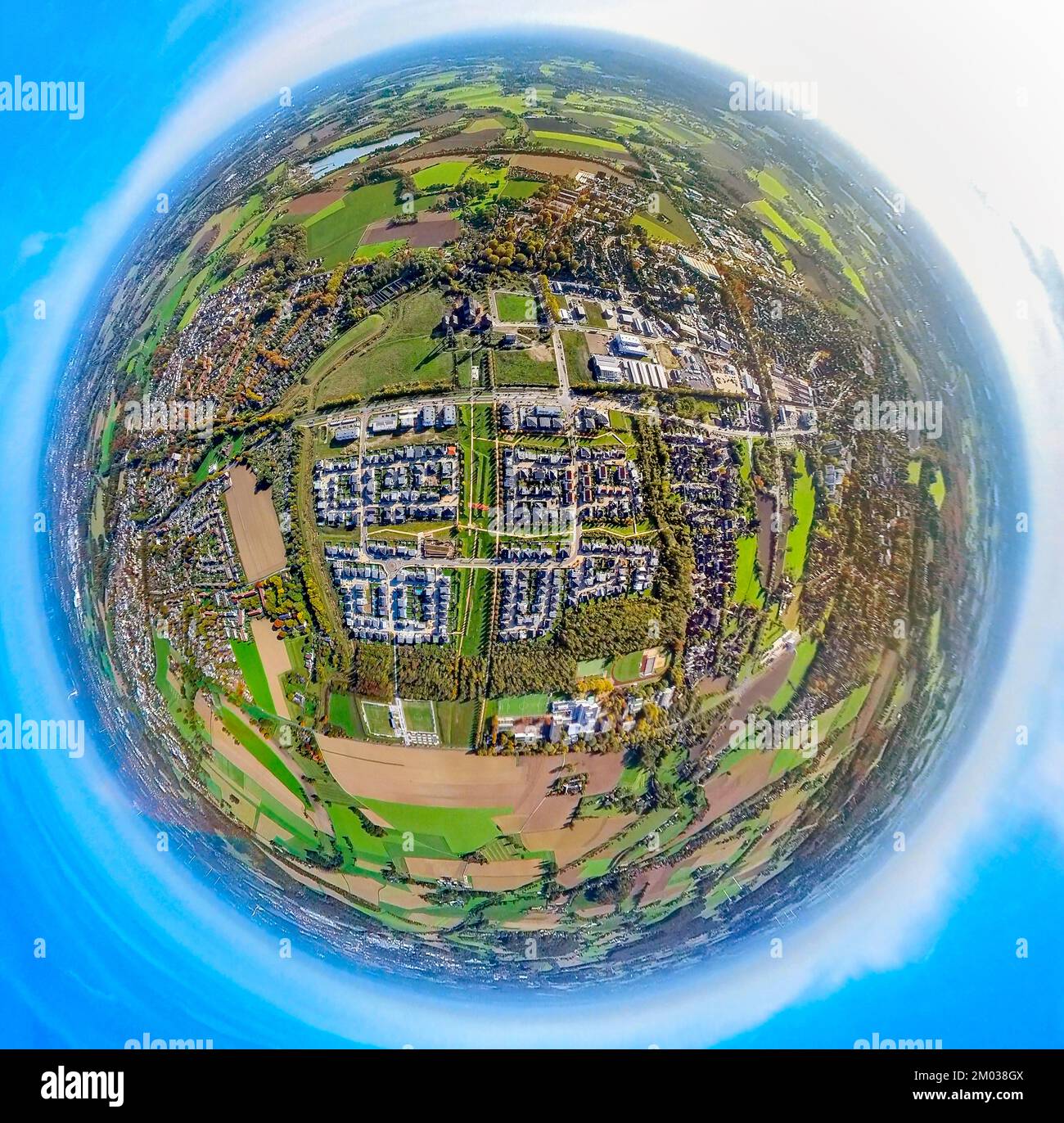 Luftaufnahme, Wohngebiet Niederberg, Neubaugebiet Dicksche Heide, Fischaugenfoto, 360°-Fotografie, Neukirchen, Neukirchen-VL Stockfoto
