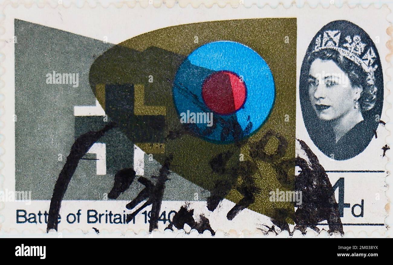 Foto eines britischen Briefmarkenflügels von Spitfire und Messerschmitt zum 25.. Jahrestag der britischen Schlacht 1965 Stockfoto