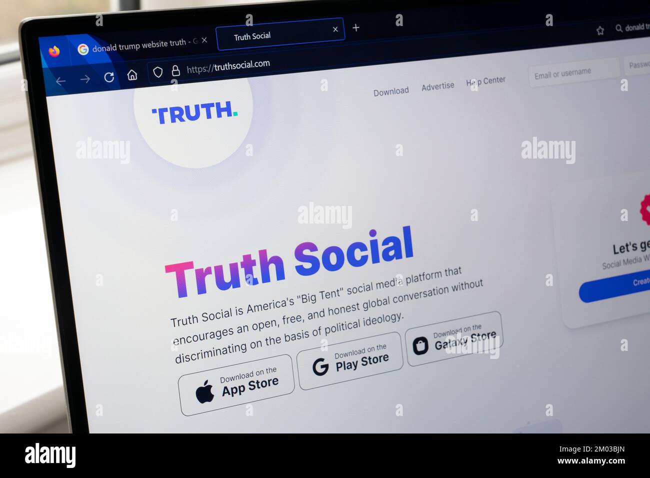 Website von Truth Social. Wird als Amerikas „große Zelt“-Social-Media-Plattform für offene Gespräche gepriesen. Eingerichtet von Donald Trump nach seinem Twitter-Ban Stockfoto