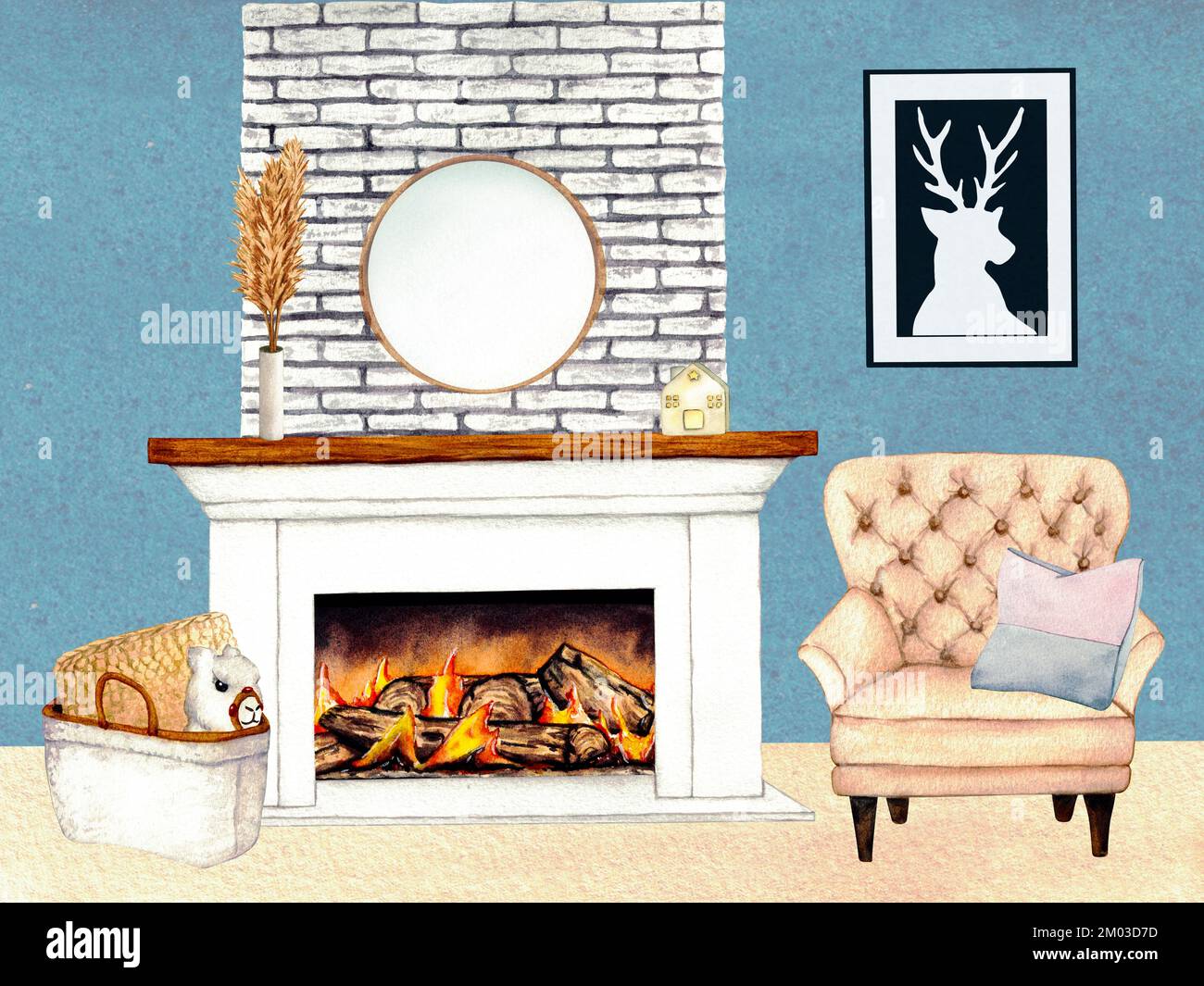 Aquarelle Illustration des Wohnzimmers mit Kamin, Sofa, Kissen, Dekor. Clipart (Clipart). Dekorelemente auf weißem Hintergrund. Stockfoto