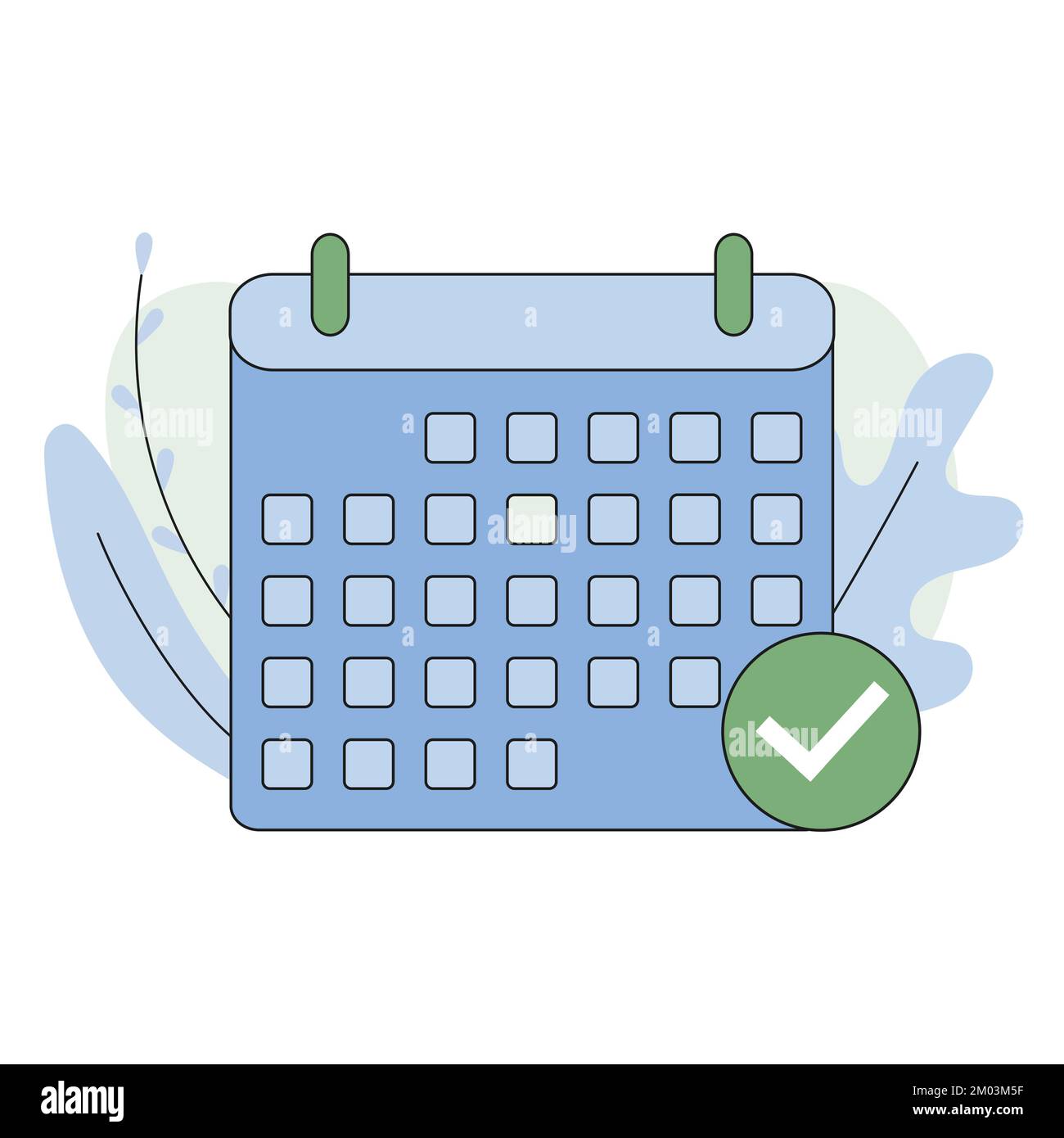 Kalender mit Häkchensymbol Vektor, flache Cartoon-Ereigniserinnerung mit Häkchen als genehmigt oder Plandatumssymbol. Vektordarstellung Stock Vektor
