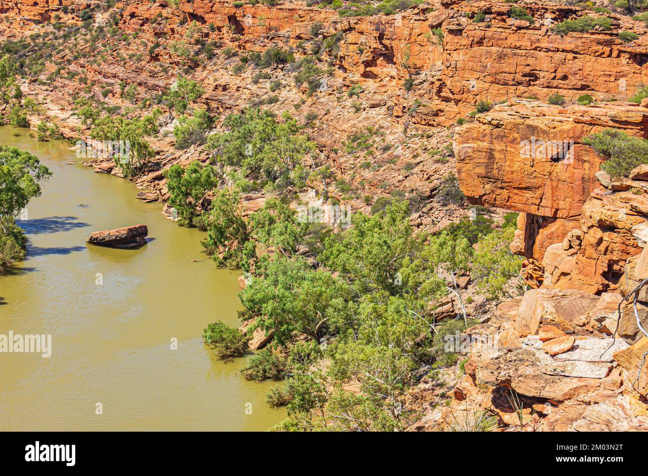 Der Blick auf die Murchison River Gorge mit überhängender Felsformation namens Hawk's Head im Kalvance-Nationalpark, Australien. Stockfoto