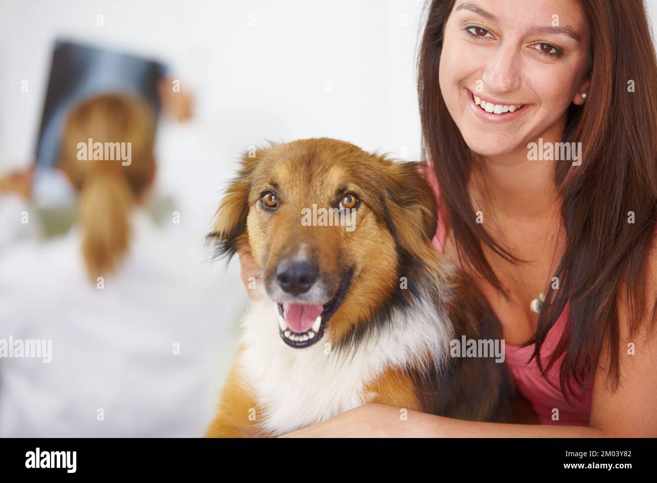 Ihr Haustier ist wieder gesund. Porträt einer glücklichen Frau mit einem noch glücklicheren Hund. Stockfoto