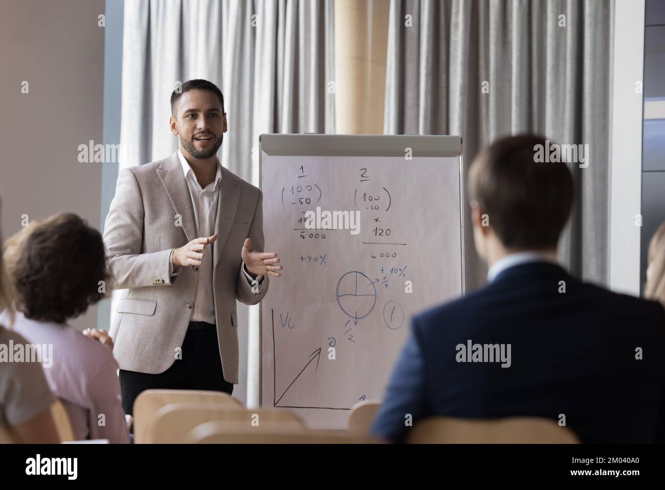 Männlicher Trainer im formellen Anzug hält Flipchart-Präsentation Stockfoto