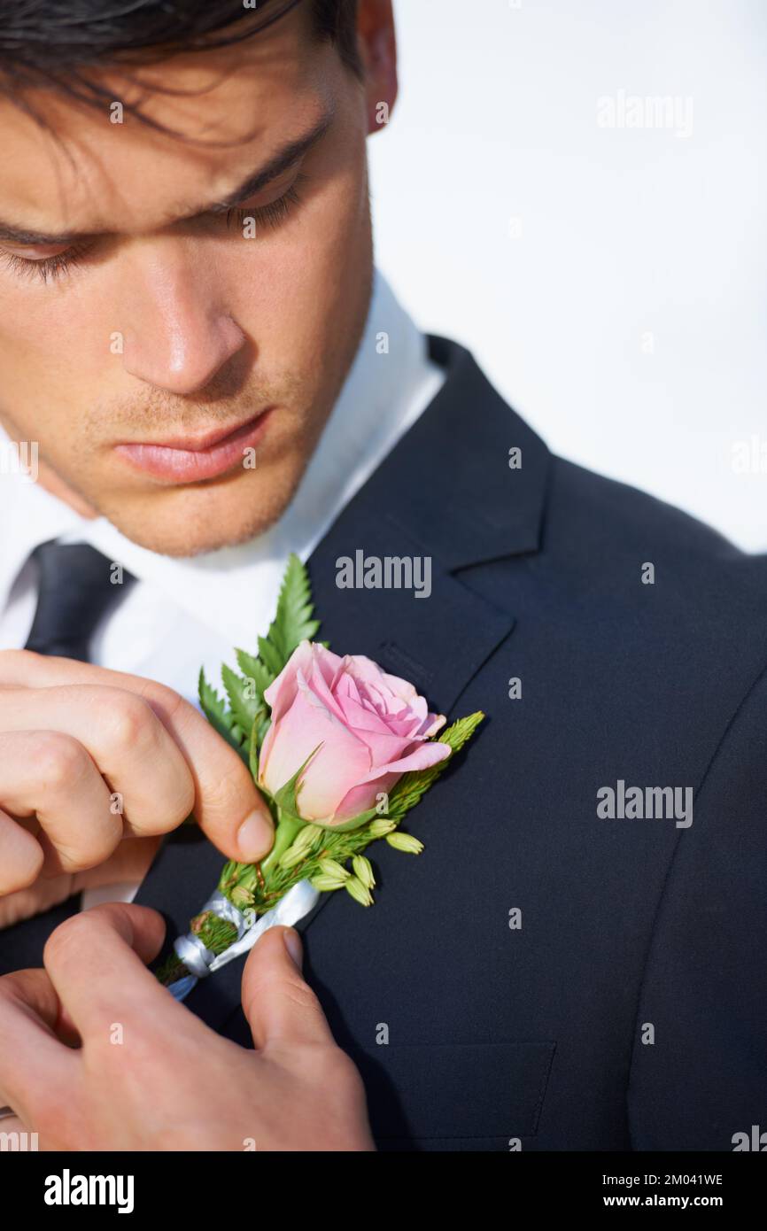 Kurzfristige Anpassungen. Ein gutaussehender junger Bräutigam, der eine rosa Rose an seine Jacke klebt. Stockfoto