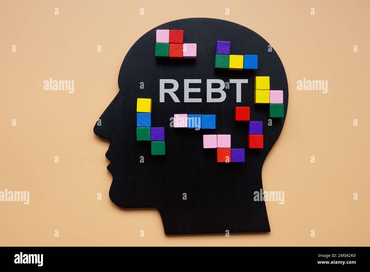 Kopf mit bunten Würfeln und Zeichen rational Emotive Behavior Therapy REBT. Stockfoto