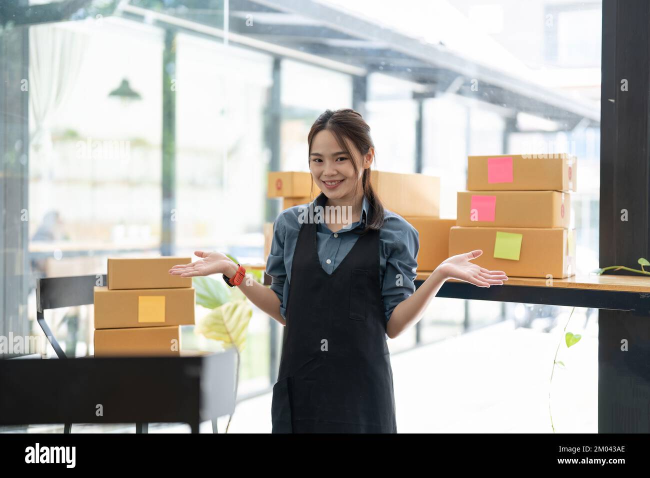 KMU-Unternehmer kleine Unternehmer Online-Verkaufsideen, Happy Young asiatischer Unternehmer arbeitet an Computer und einer Box zu Hause, Lieferung Stockfoto