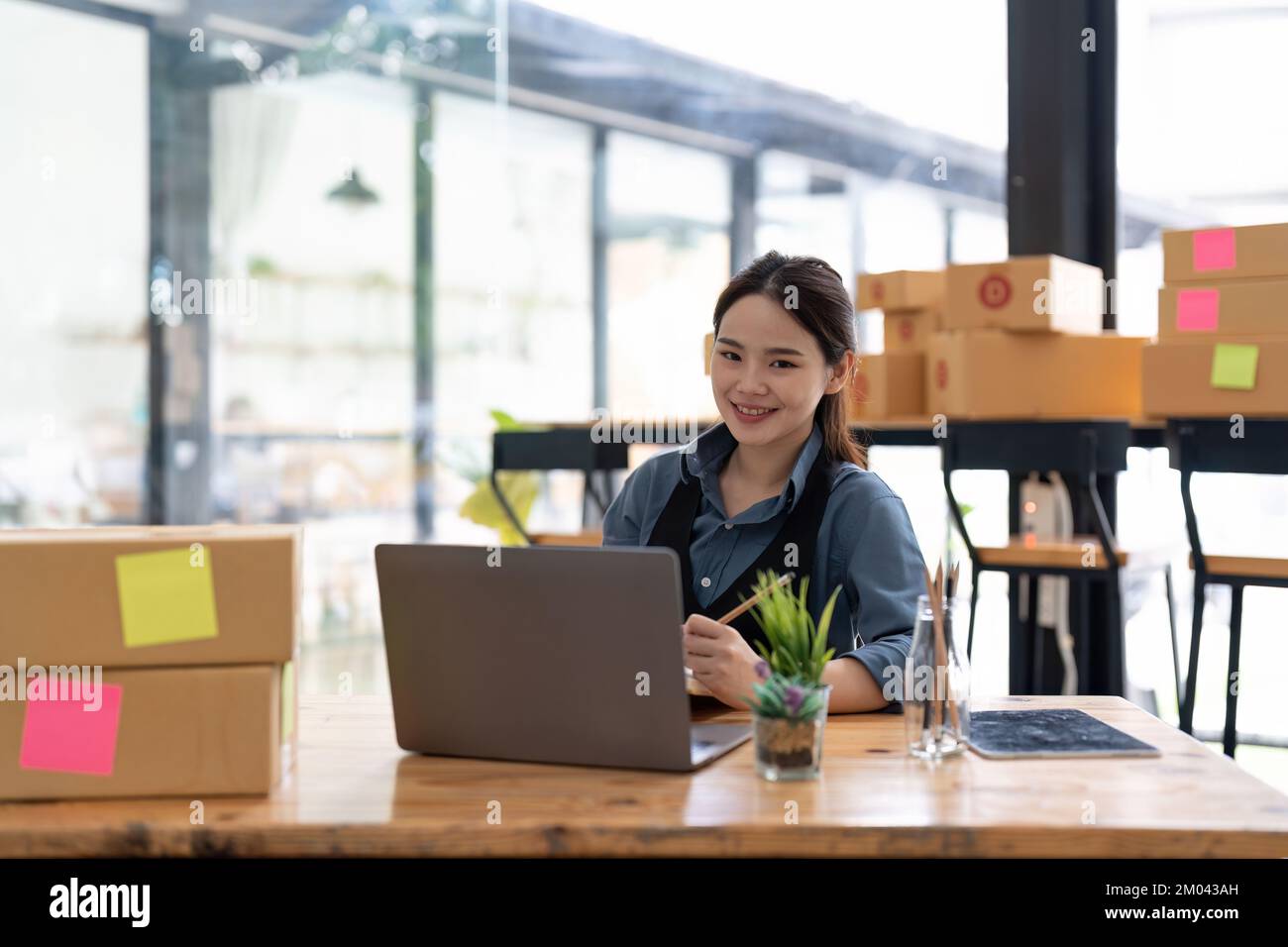 KMU-Unternehmer kleine Unternehmer Online-Verkaufsideen, Happy Young asiatischer Unternehmer arbeitet an Computer und einer Box zu Hause, Lieferung Stockfoto