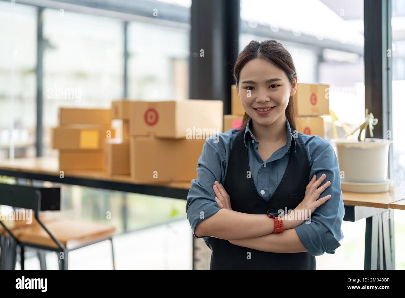 KMU-Unternehmer kleine Unternehmer Online-Verkaufsideen, Happy Young asiatischer Unternehmer arbeitet an Computer und einer Box zu Hause, Lieferung Stockfoto