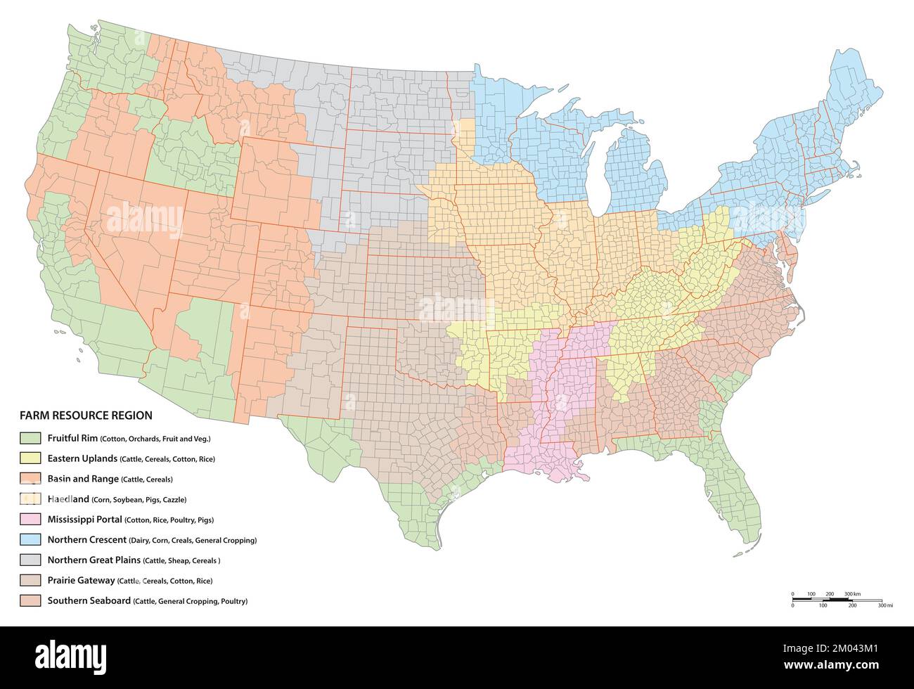 Vektorkarte der Regionen mit landwirtschaftlichen Ressourcen, Vereinigte Staaten Stockfoto
