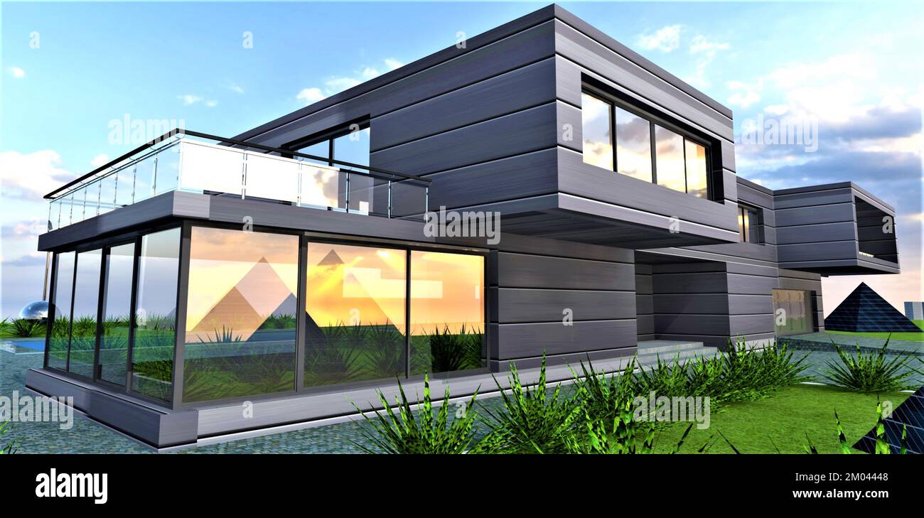 Das exklusive Design eines modernen Landhauses, bei dessen Bau umweltfreundliche Baumaterialien verwendet werden. 3D-Renderi Stockfoto