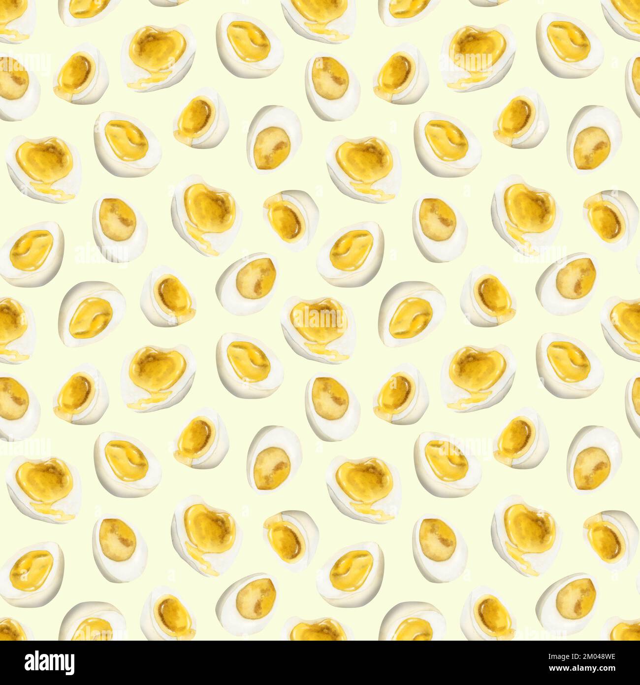 Aquarellmuster von gekochten Eiern mit gelbem Eigelb. Handgezeichnete Essenszeichnung auf hellgelbem Hintergrund für Restaurant- und Café-Menüs, Bouqlets Stockfoto