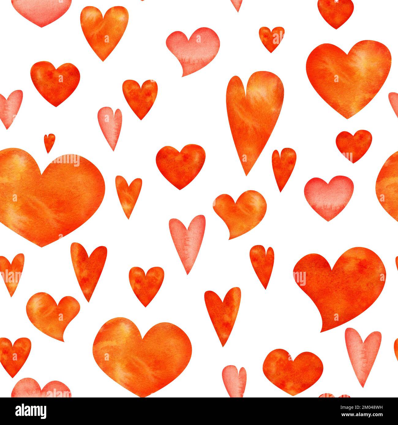 Wasserfarbenes, handgezeichnetes Nahtloses Muster aus roten und orangefarbenen Herzen zum Valentinstag. Isoliert auf weißem Hintergrund. Design für Papier, Liebe, Begrüßung Stockfoto