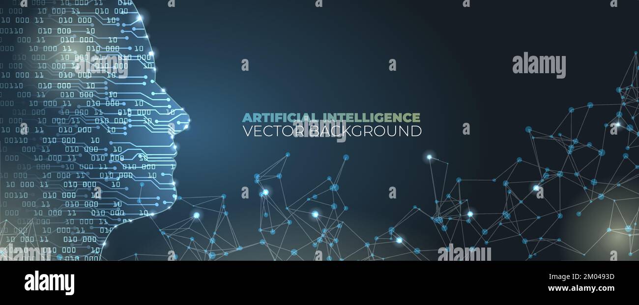 Künstliche Intelligenz im Humanoidkopf mit neuronalem Netzwerk denkt. Big Data, Analyseinformationen. Stock Vektor