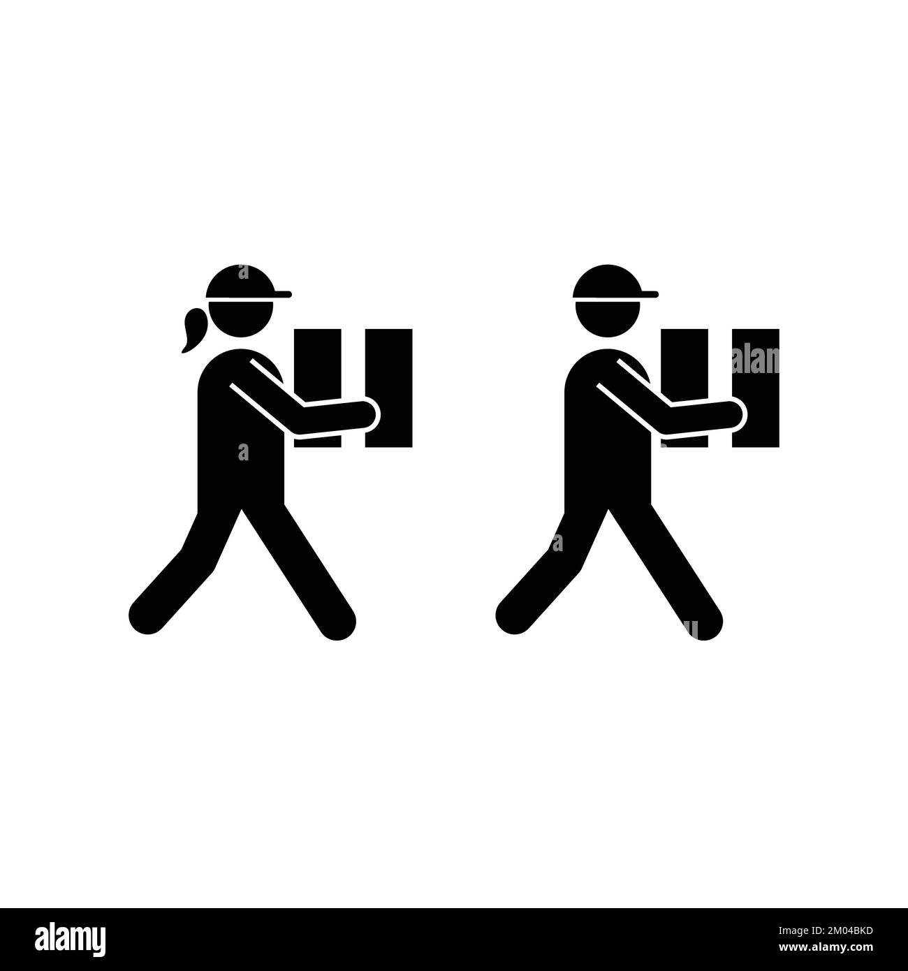 Liefermann und Lieferfrau mit Mützen, die Paketsymbole festhalten, setzen das Vektorsymbol. Stock Vektor